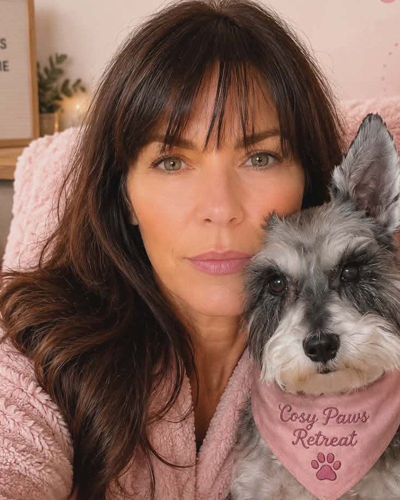 Monique, founder of Cosy Paws Retreat, with Evie in her Cosy Paws bandana