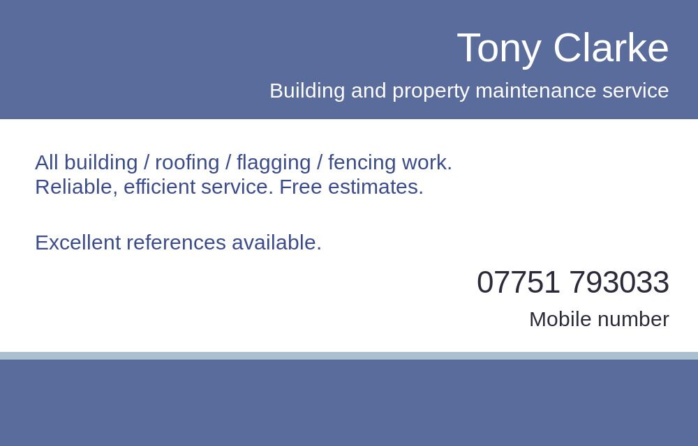 Tony Clarke business card: building and property maintenance service, 07751 793033